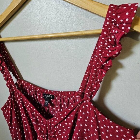 EUC EXPRESS POLKA DOT RED/WHITE FLUTTER STRAPS CINCHED SWEETHEART NECK TANK M - Picture 4 of 13